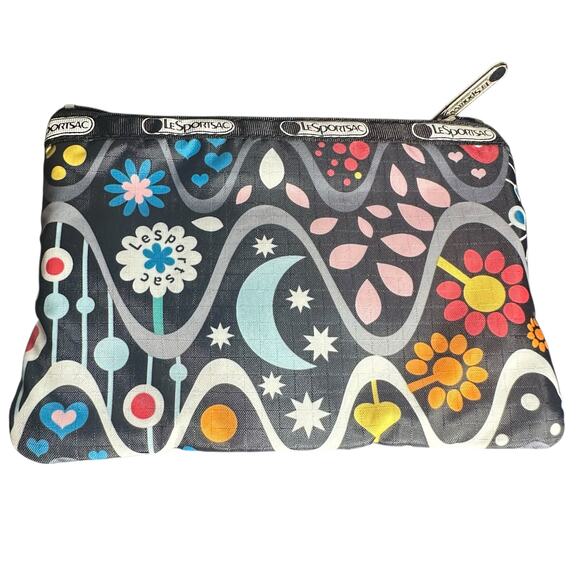 LeSportsac 3-Zip Pouch Retro Mod Print Moon Stars Flowers Travel Organizer - Picture 2 of 5